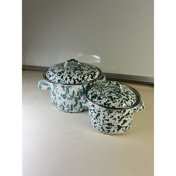 Green White Splatter Granitewear Enamelware Pots with Lids Set of 2 VTG 5-6 In - Picture 2 of 9